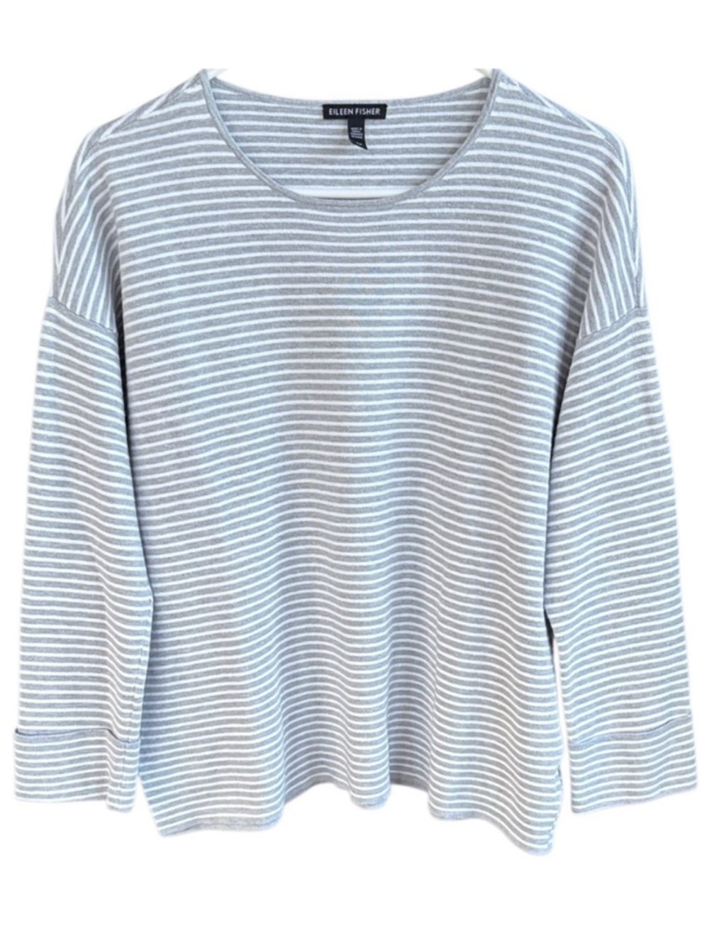 Like New Eileen Fisher Organic Cotton Silk Blend Stripe Sweater Grey White Small
